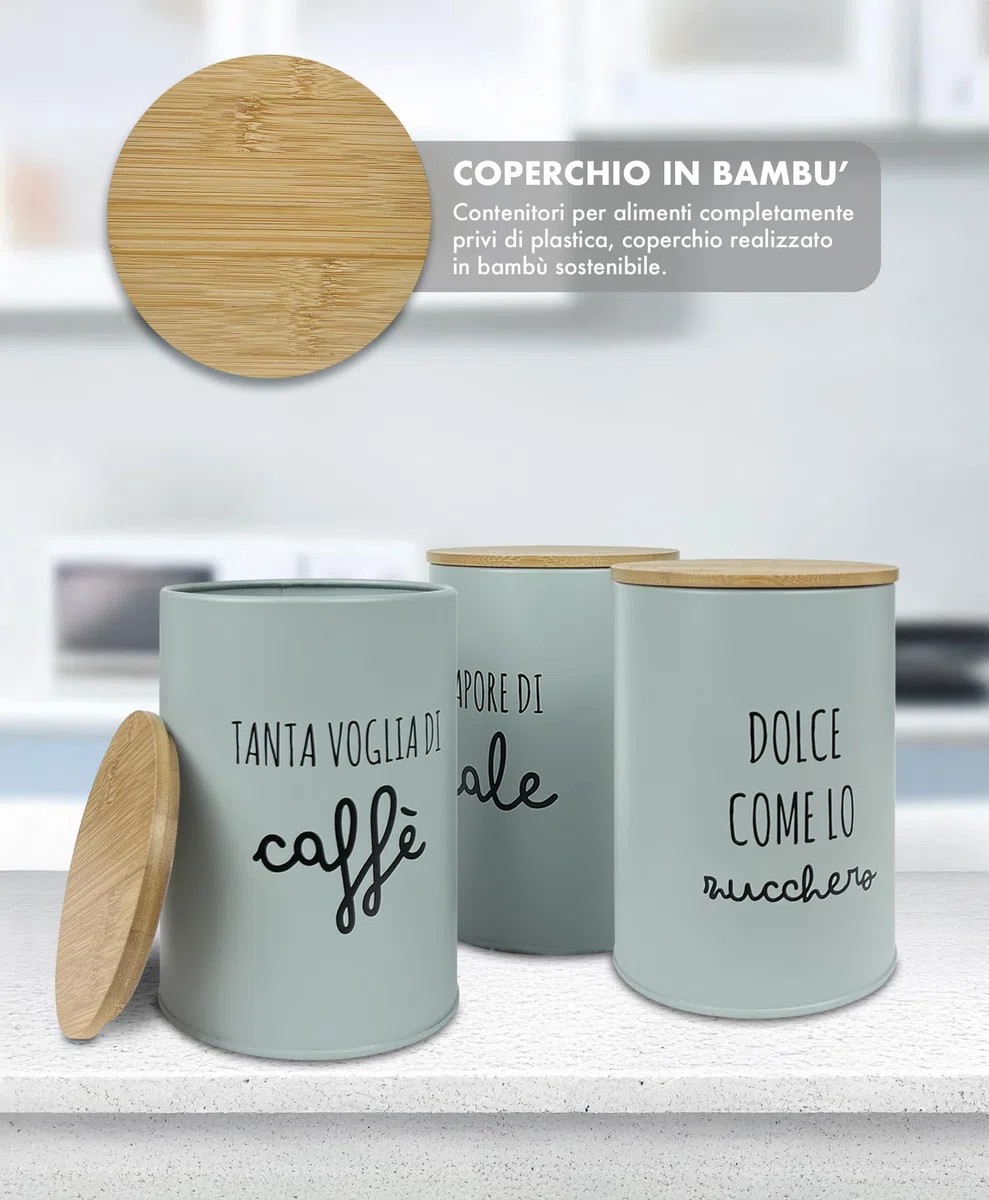 IlGruppone Set 3 Pezzi Barattoli Cucina Contenitori Certificati Contatto Alimentare Contenitore Sale Zucchero Caffè Moderne Scritte Barattolo Con Coperchio Ermetico Legno Bambù - Salvia