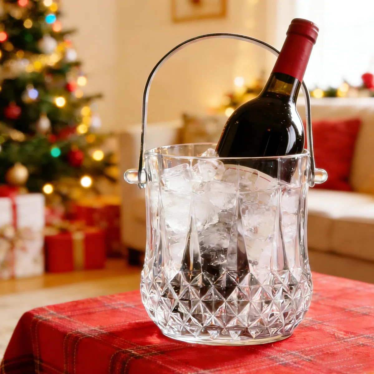 Secchiello del ghiaccio in vetro con manico e pinza per ghiaccio, con capacità di 37 once di ghiaccio, secchi trasparenti in cristallo per bar a casa, accessori per cocktail, vino, feste, secchiello