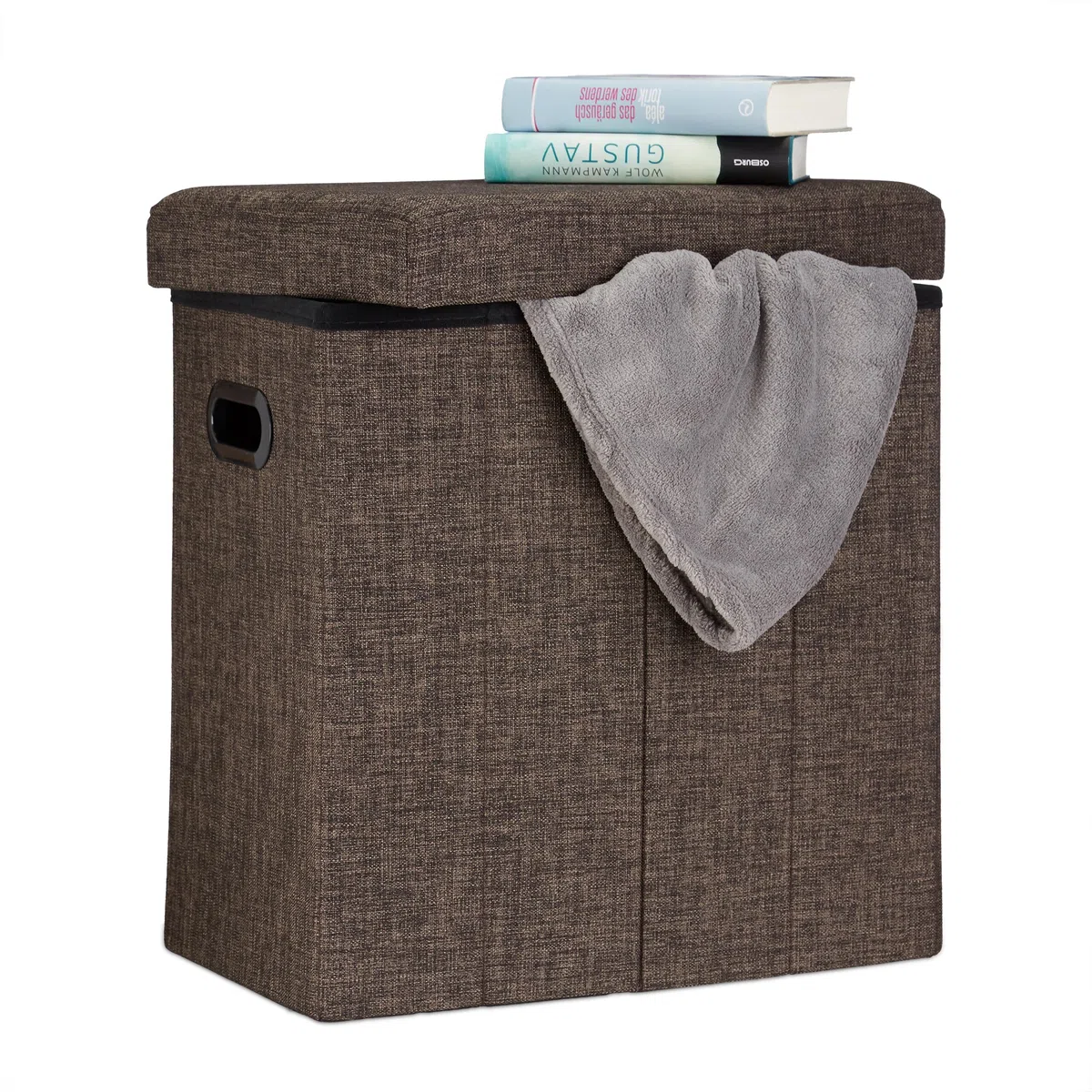 Relaxdays Sgabello Pieghevole, HxLxP: 49,5x46x25,5 cm, Pouf Contenitore, Lino, Poliestere, Legno MDF, Colore Marrone