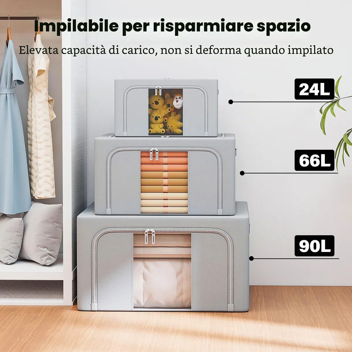 GoMaihe Scatole per Armadio Rigide 3 pezzi 72L: Contenitori per Armadio Cerniera - Piumone, Lenzuola Organizzatore Armadio - Scatole per Vestit (Grigio, 24L)