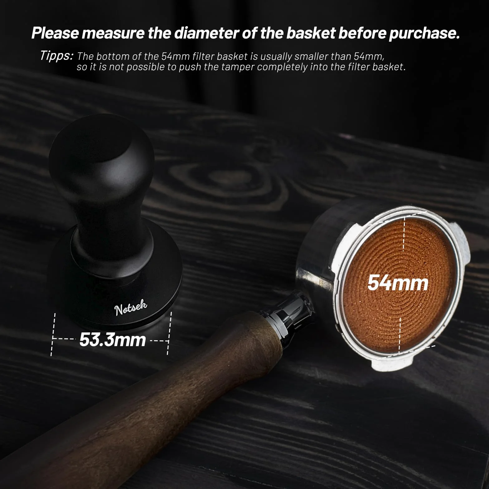 NOTSEK Pressino per caffè 54 mm, caricato a molla calibrato da 54 mm con pressione di contatto 13,6 kg, base ondulata in acciaio inossidabile 304, per portafiltro salvia, nero