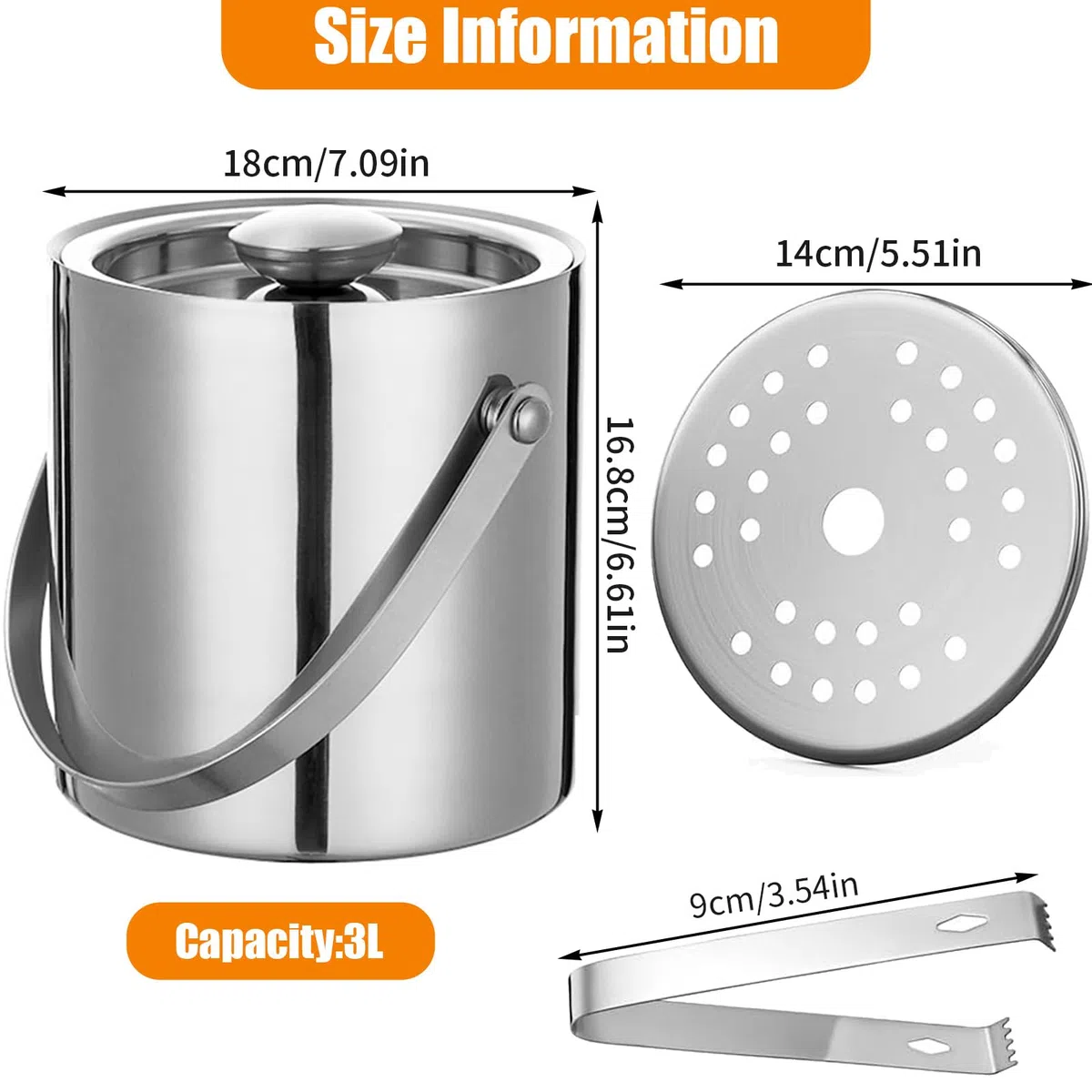 3L Secchiello Ghiaccio Acciaio Inox con Coperchio Pinze Filtro, Portaghiaccio Isolante Parete Doppia, Secchio Raffreddamento Vino, Contenitore Ghiaccia Champagne per Bar Casa, Feste, Bevande, Cocktail