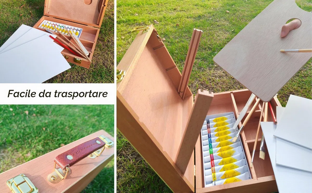 Artme Set in legno per pittura e cavalletto di qualità superiore con 23 pezzi-Cavalletto da tavola/ 3 pannelli/12 pittura acrilica/ 4 pennelli/matita/spatola in plastica/tavolozza in legno