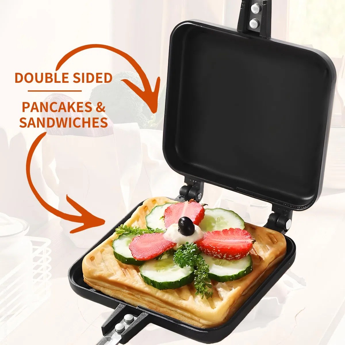 Padella a Doppia Faccia,Tostapane Sandwich Make,Privo di BPA,con Manico Resistente al Calore e Rivestimento Antiaderente,Alluminiofacile da Capovolgere,oer Spuntino e Colazione-19*15*14cm