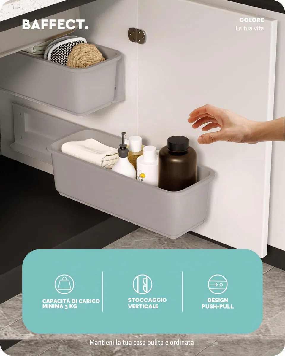 Baffect 2 pezzi Organizzatore mobile per cestello scorrevole per bagno in cucina, cassetti estraibili sotto organizer per lavandino Cestini scorrevoli fissati a parete per dispensa Doccia (grigio)