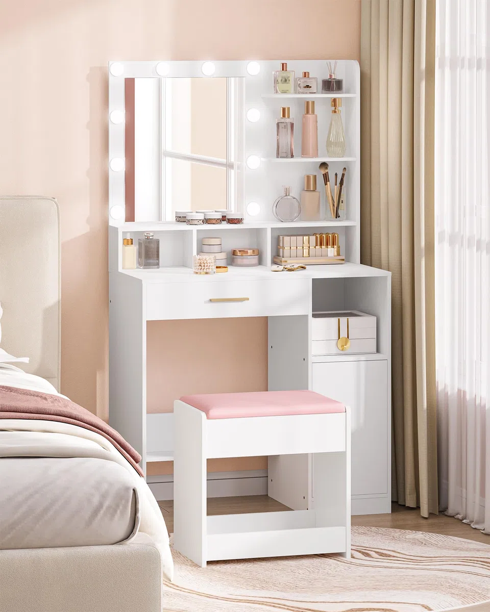 Hzuaneri Sgabello Toeletta Trucco, Sgabello Imbottito Postazione Trucco, Piedini con Cuscinetti Antiscivolo, Camera da Letto Cabina Armadio Ingresso, Bianco e Rosa VS32403A