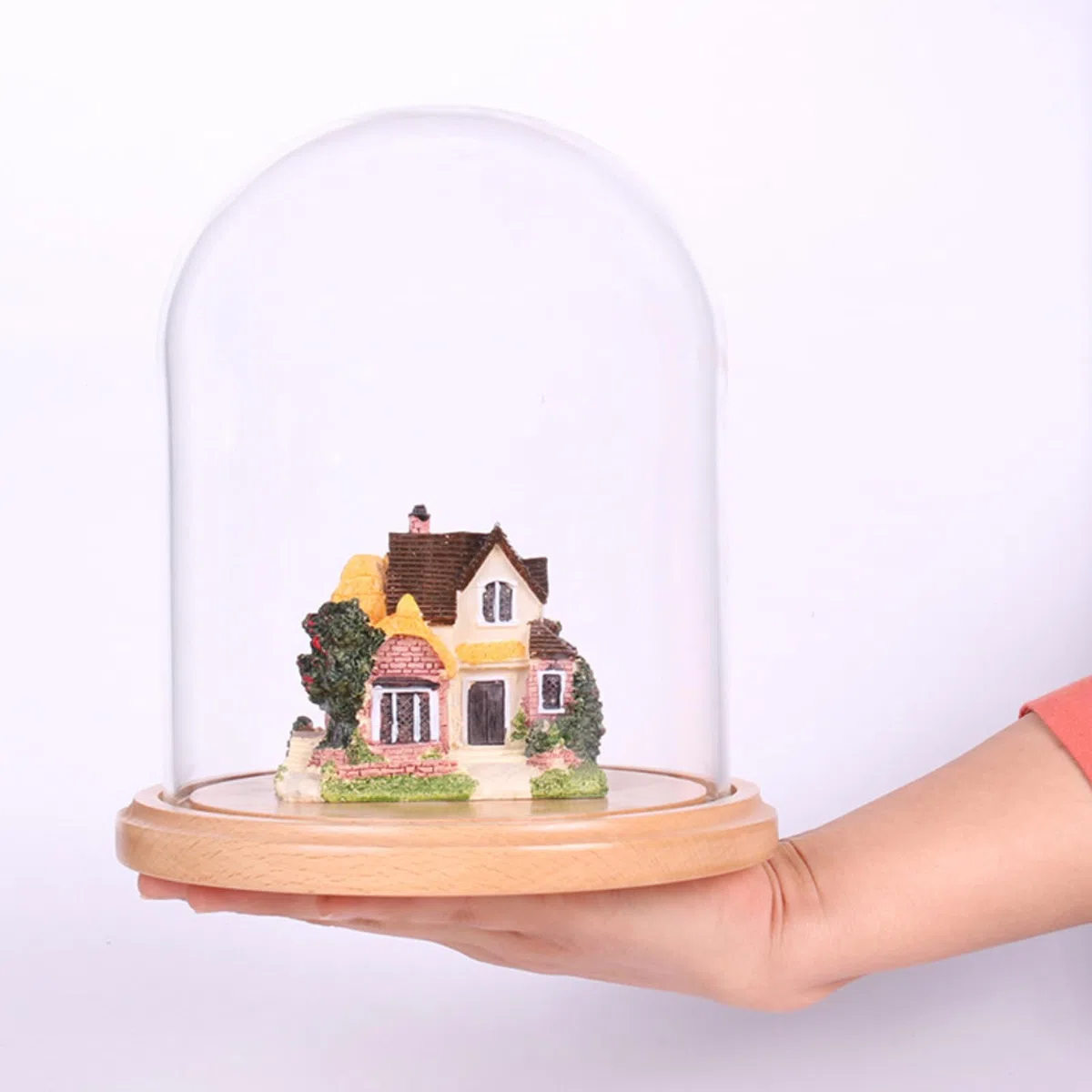 Campana Di Vetro Con Base in Legno, Cupola in Vetro Cloche Campana Base in Legno Rotondo Tavolo,Esposizione Centrotavola in Vetro Trasparente, per Artigianato Floreale,Oggetti D’antiquariato, 12x25 cm