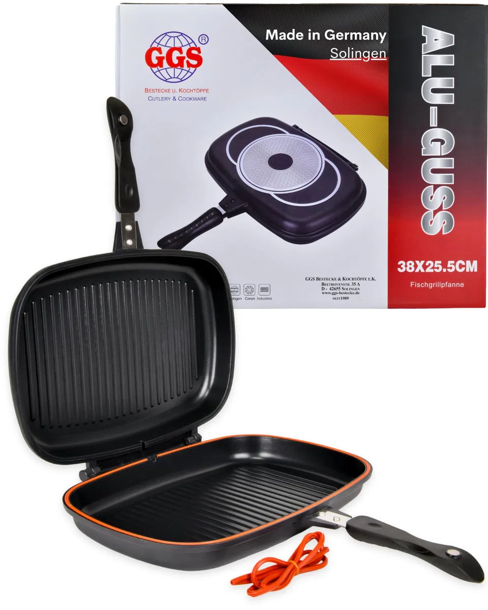 GGS Solingen Padella per griglia double face 38 x 25,5 cm – Made in Germany | Teglia reversibile in alluminio pressofuso | Padella per pesce per induzione, gas, ceramica | Rivestimento