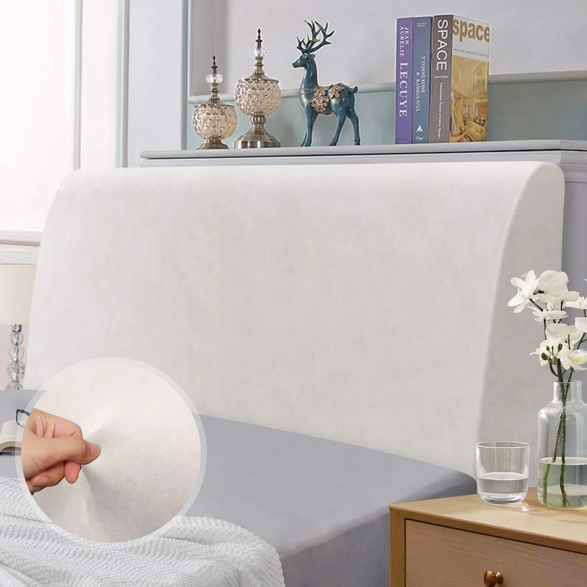TAOCOCO Copri Testata Letto Matrimoniale, Copri Testiera Letto Imbottita, Copertura Testiera Letto Elastico, Morbido Tessuto Velour Stretch, Lavabile, Design All-In-One(Bianca, 180-200cm)