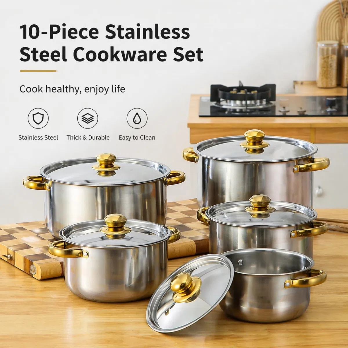 Set di pentole in acciaio inox, set di pentole in acciaio inox con due manici, set di 10 pentole con coperchi, per fornelli a gas, elettrici, a induzione, in vetroceramica e alogeni
