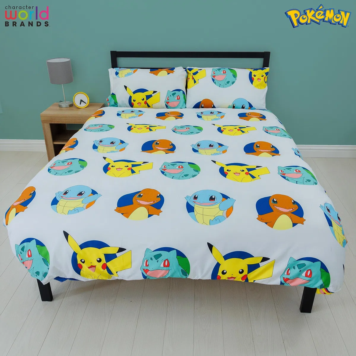 Character World Set copripiumino matrimoniale ufficiale Pokemon Gotta Design | blu reversibile Pikachu Squirtle Charmander 2 lati biancheria da letto prodotto ufficiale con federe coordinate