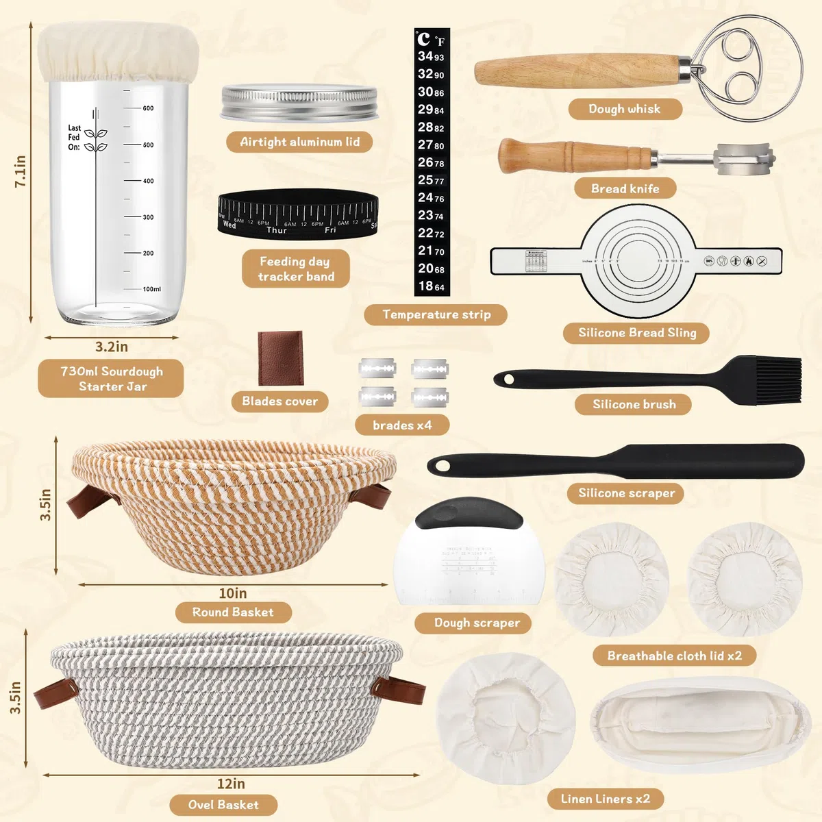 Set di cestini per la lievitazione del pane, cestini rotondi in cotone da 23 cm e 25 cm, set di pasta madre, barattolo di fermentazione da 730 ml, accessori per la cottura del pane - kit di avviamento