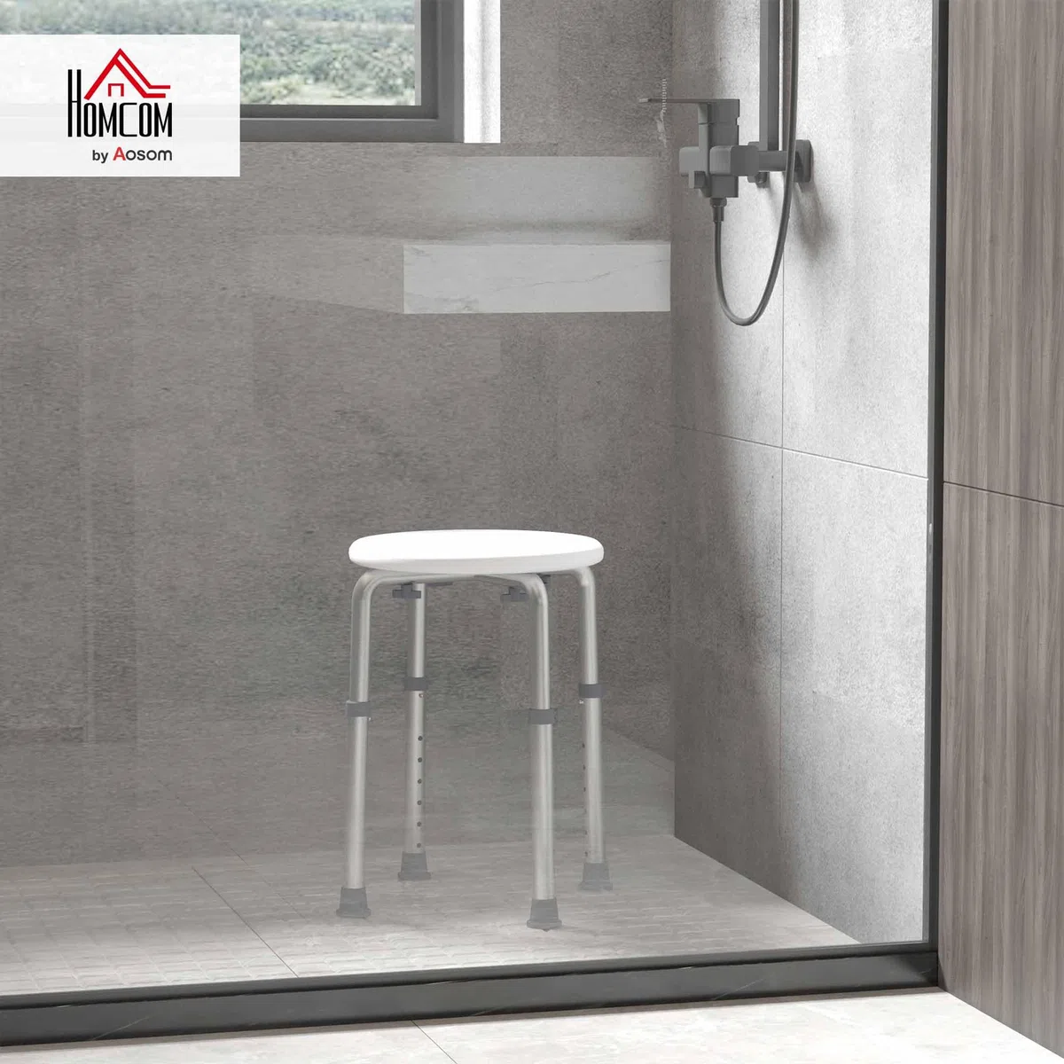 HOMCOM Sgabello da Doccia Girevole a 360° con Piedini Antiscivolo e Regolabile in Altezza su 8 Livelli, Sgabello per Doccia in Alluminio e PE, 32.5x41x35.5-54 cm, Bianco