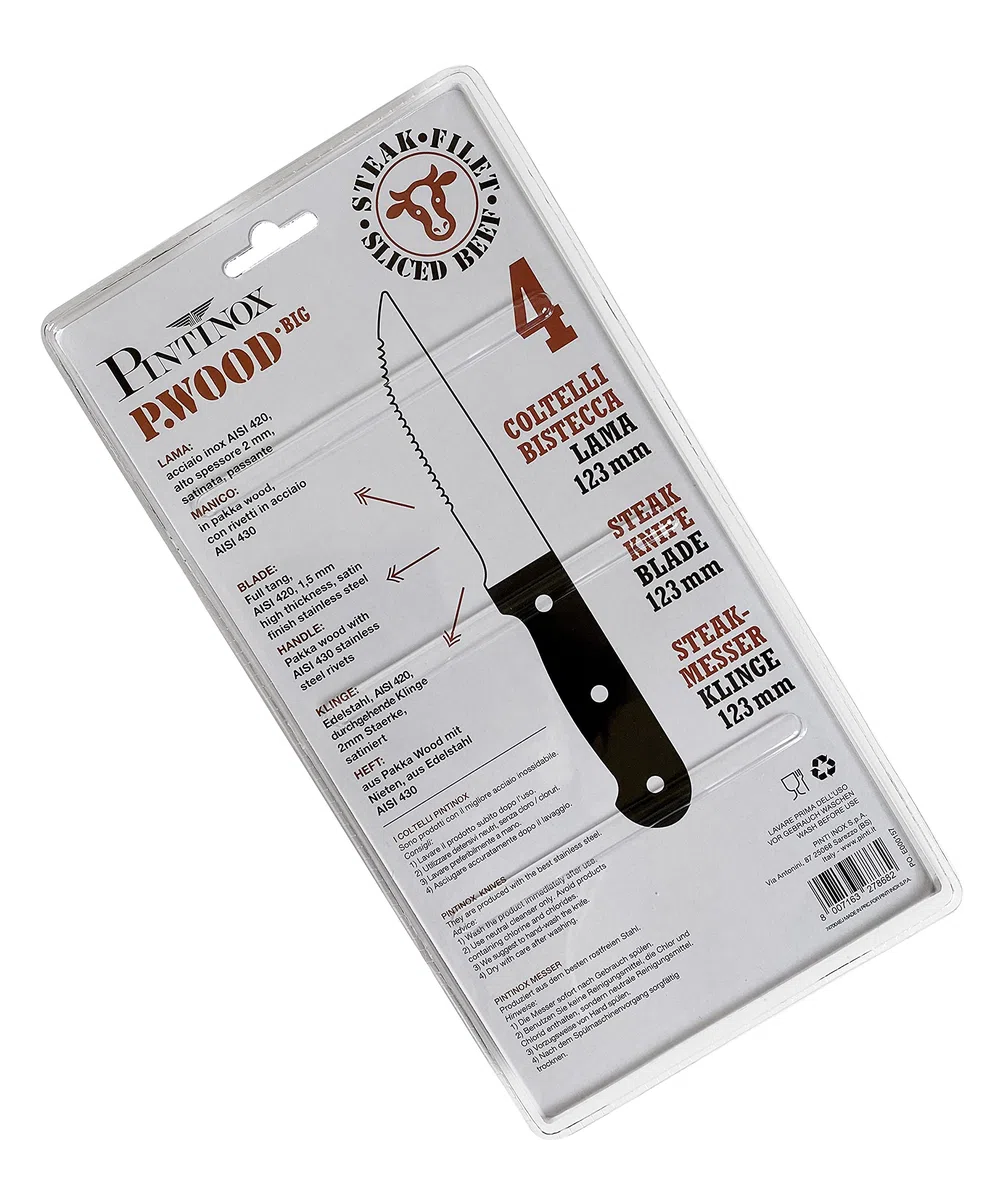 PINTINOX Bistecca P.Wood Set 4 Coltelli Big Lama Acciaio Inox Manico Pakka Wood