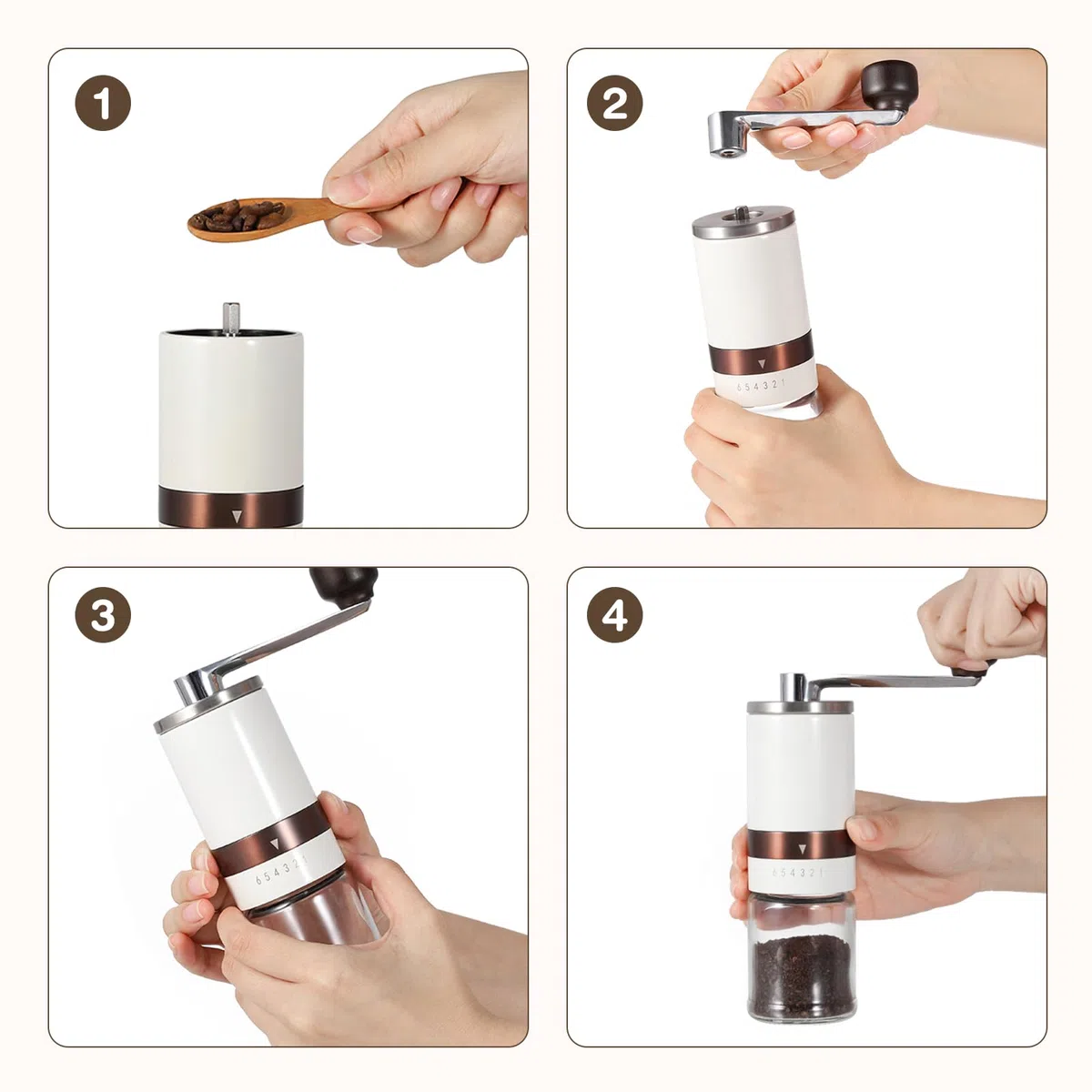 Vucchini Macinacaffè Manuale con Ruvidità Esterna Regolabile,Acciaio Inossidabile, Mola Conica in Ceramica, Bianco Latte, Mulino Portatile