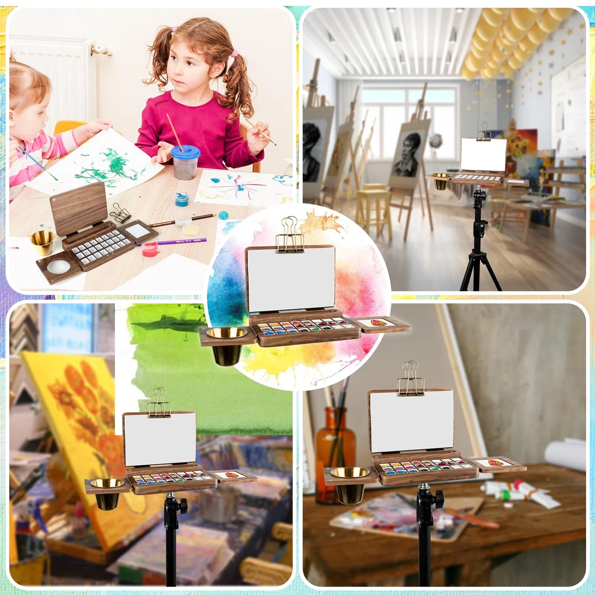 Tavolozza per Pittura ad Acquerello in Legno con Coperchio Tavolozza per Pittura Acrilica con 24 Griglie Noce Scuro Tavolozza per Viaggi all'Aperto
