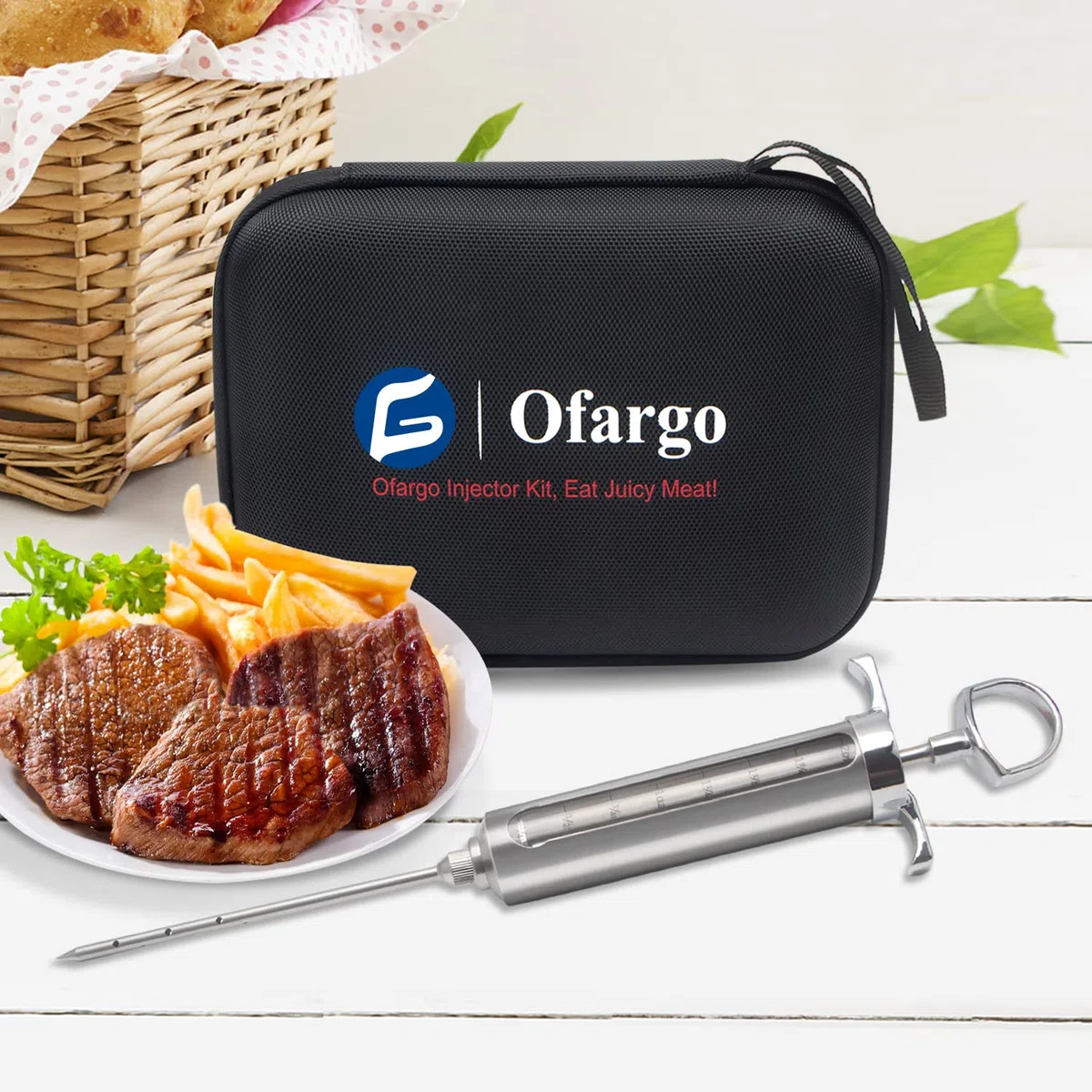 Ofargo Siringa per Carne, Siringa per Marinata con 3 Aghi per Carne in Acciaio Inossidabile, Siringa Alimentare e Marinata BBQ, Siringa Alimentare per Manzo, Pollo, Maiale, Tacchino; 60 ml/2 oz