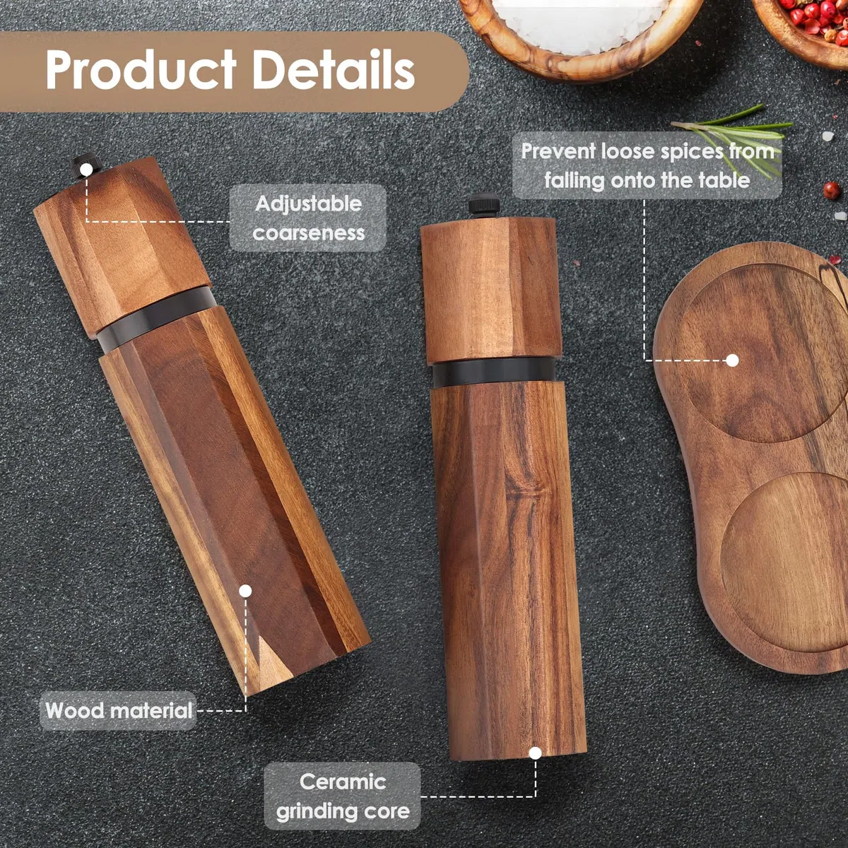 Set in Legno Macina Sale e Pepe​ con Vassoio, Macinapepe Manuale​ da 20 cm Regolabile, Nucleo in Ceramica, Design Ottagonale