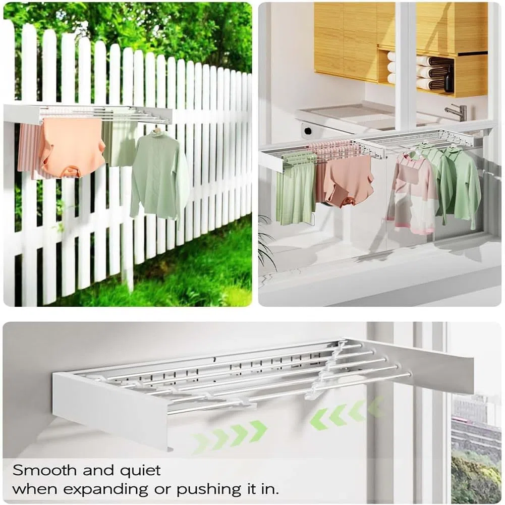 Stendibiancheria da Parete Salvaspazio - Pieghevole 80cm, 5 Aste Resistenti per 60kg, Perfetto per Interni ed Esterni, Lavanderia, Bagno o Balcone - Bianco - White 80CM 5 poles