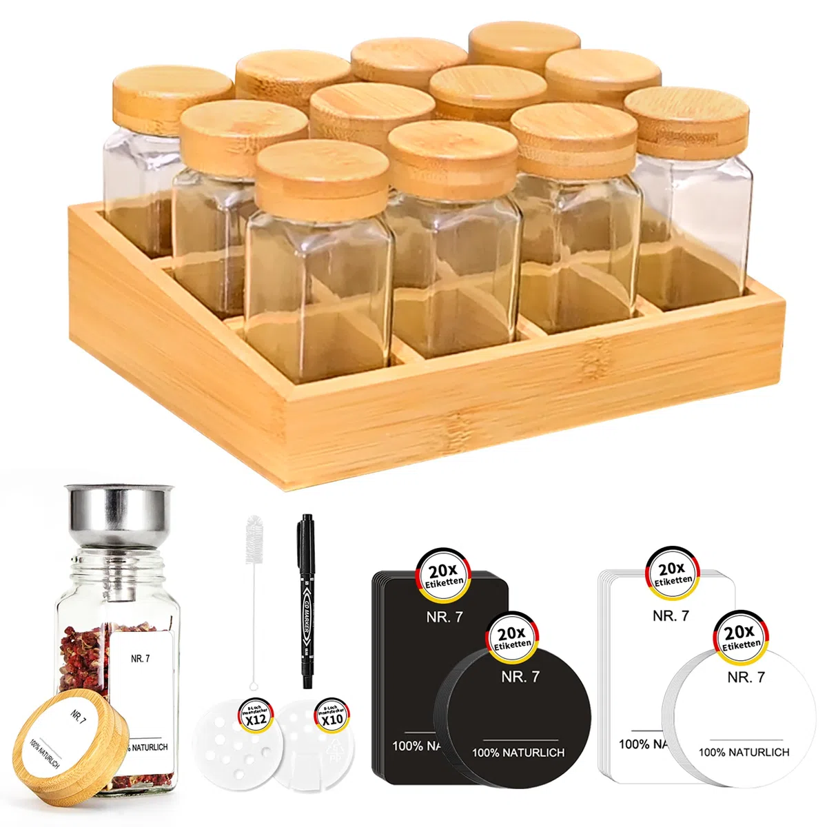 SAEIV Bamboo Organizador Cassetti Cucina, (12 x 120 ml) Barattoli Per Spezie + Portaspezie, Scaffale Cucina Set, Portaspezie Salvaspazio