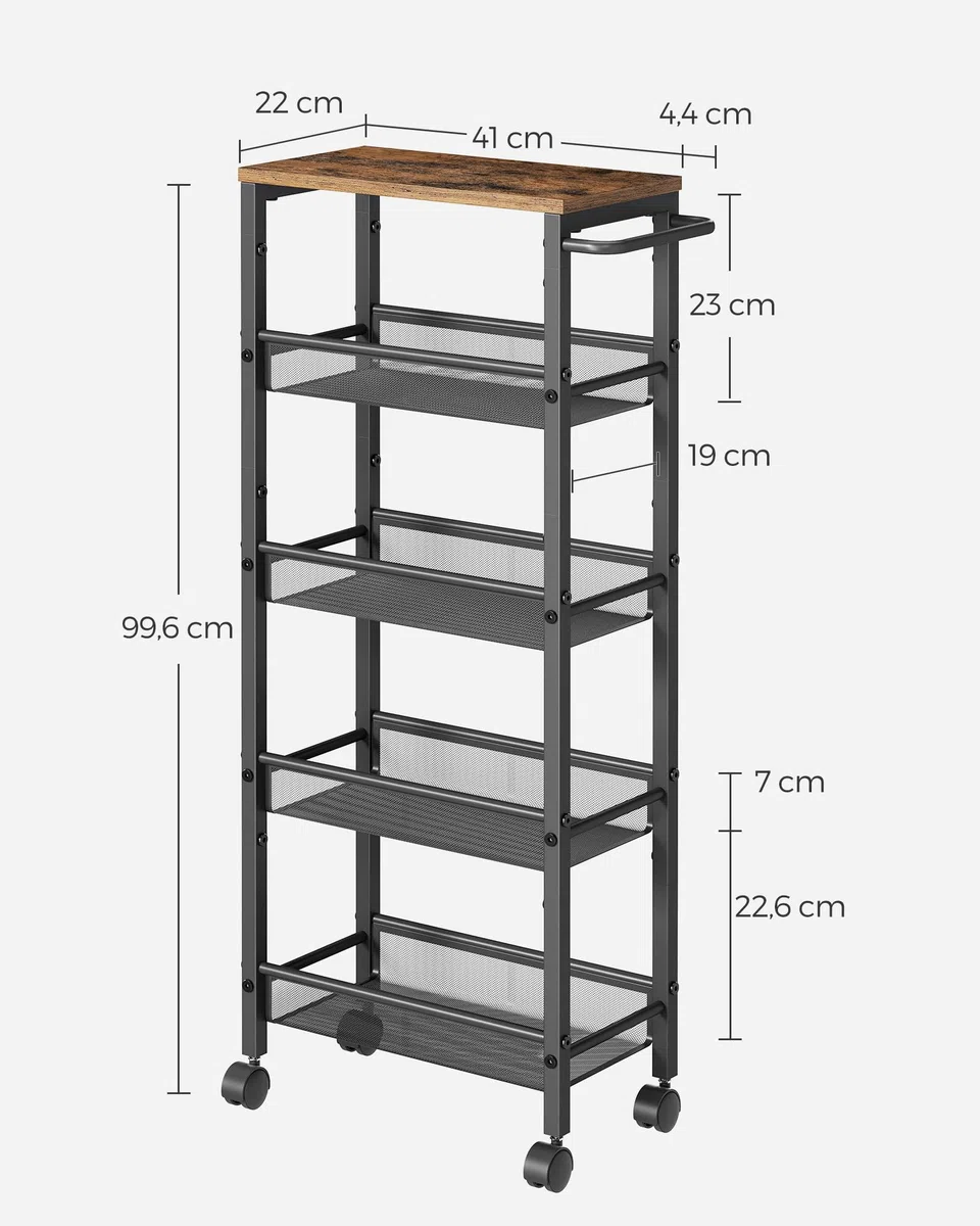 VASAGLE Carrello a 5 Ripiani, Carrello Cucina Salvaspazio con Ruote, Struttura in Acciaio, Maniglia, Carrellino Piccoli Spazi, Bagno Salotto Studio, Marrone Vintage e Nero LRC035B01