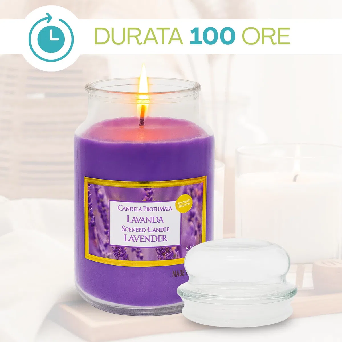 Virsus Candele profumate in Giara Grande, Set da 3 Candele in Vasetto di Vetro da 510 grammi, Profumo Relax per Interno (Lavanda)