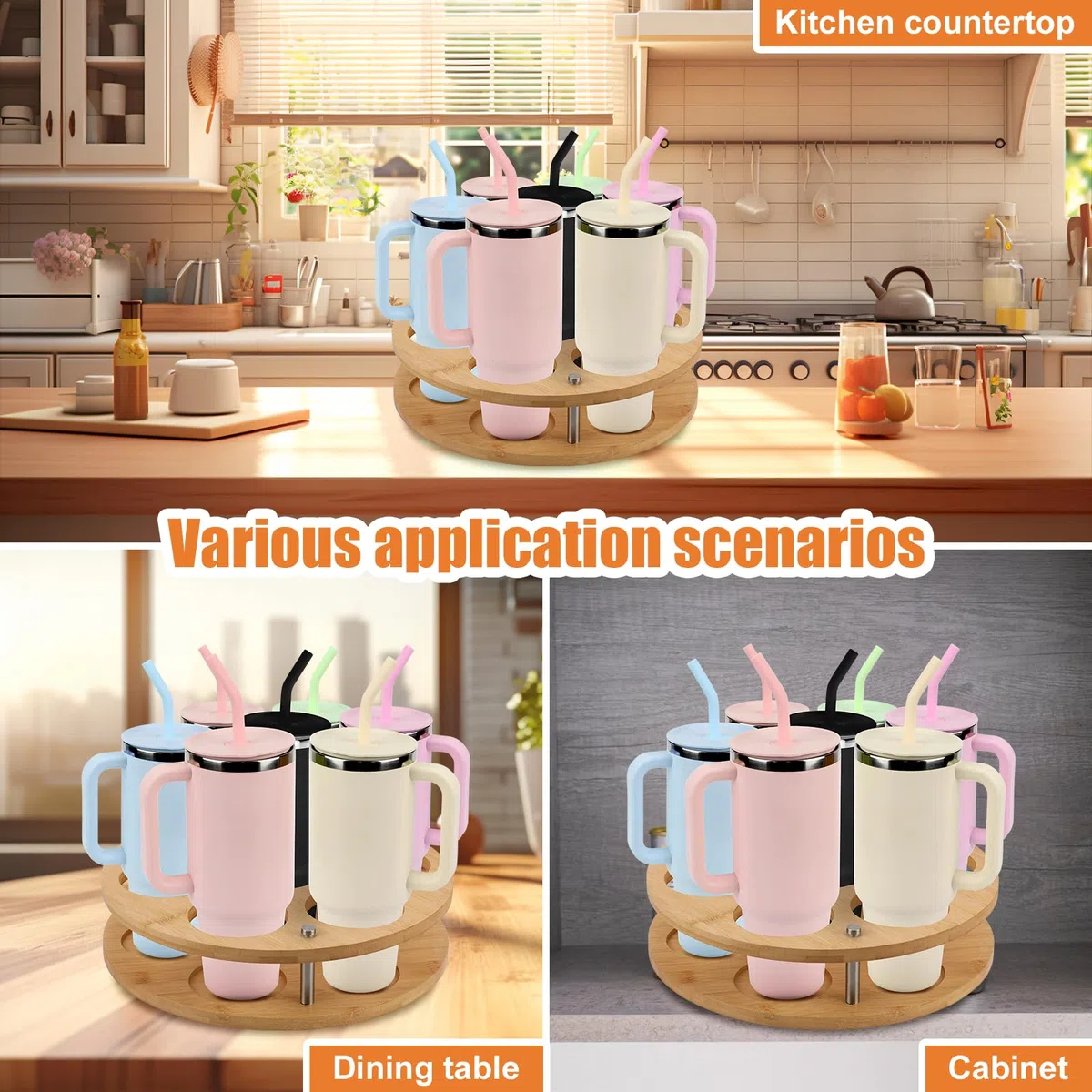 Organizzatore per Bottiglie d'Acqua, Organizer per Tazze in Legno Girevole per Stanley Cup Contenitore per Tazze per 7 Bottiglie con Design a Scanalatura Porta Tazze Stabile per Stanley