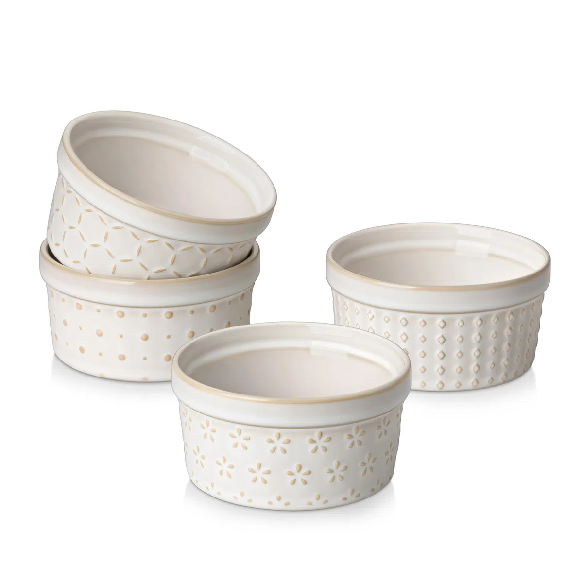 MALACASA Set di 4 Pirottini per Soufflé 180 ml con Coperchio, Ø 10,1 x 5,1 cm, Ciotoline e Stampini Rotondi da Forno in Porcellana per Dolci, Soufflé, Merenda e Snack, Bianchi, Adatti a Lavastoviglie