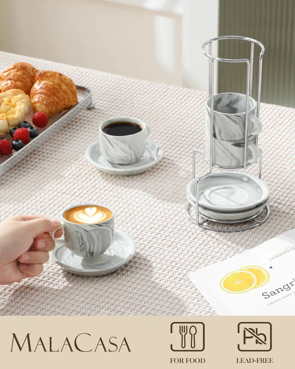 MALACASA Set di 4 tazze da espresso da 75 ml, a parete spessa con piattini e supporto, impilabili, tazze italiane in porcellana grigia, lavabili in lavastoviglie, serie regolare