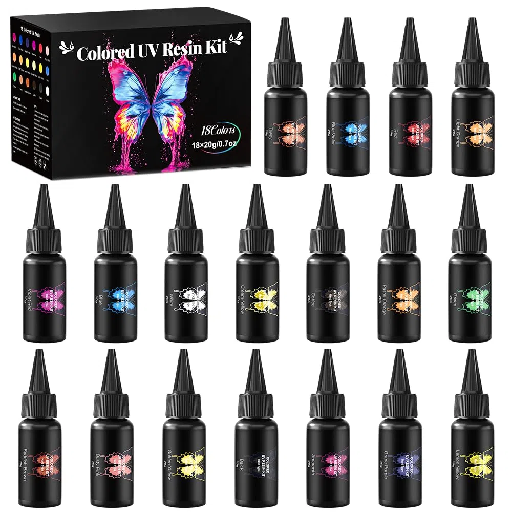 Kit di resina UV in 18 colori, resina epossidica trasparente a polimerizzazione rapida, per la creazione di gioielli, artigianato fai da te, nail art, alta durezza e sicurezza (20 g ciascuno)