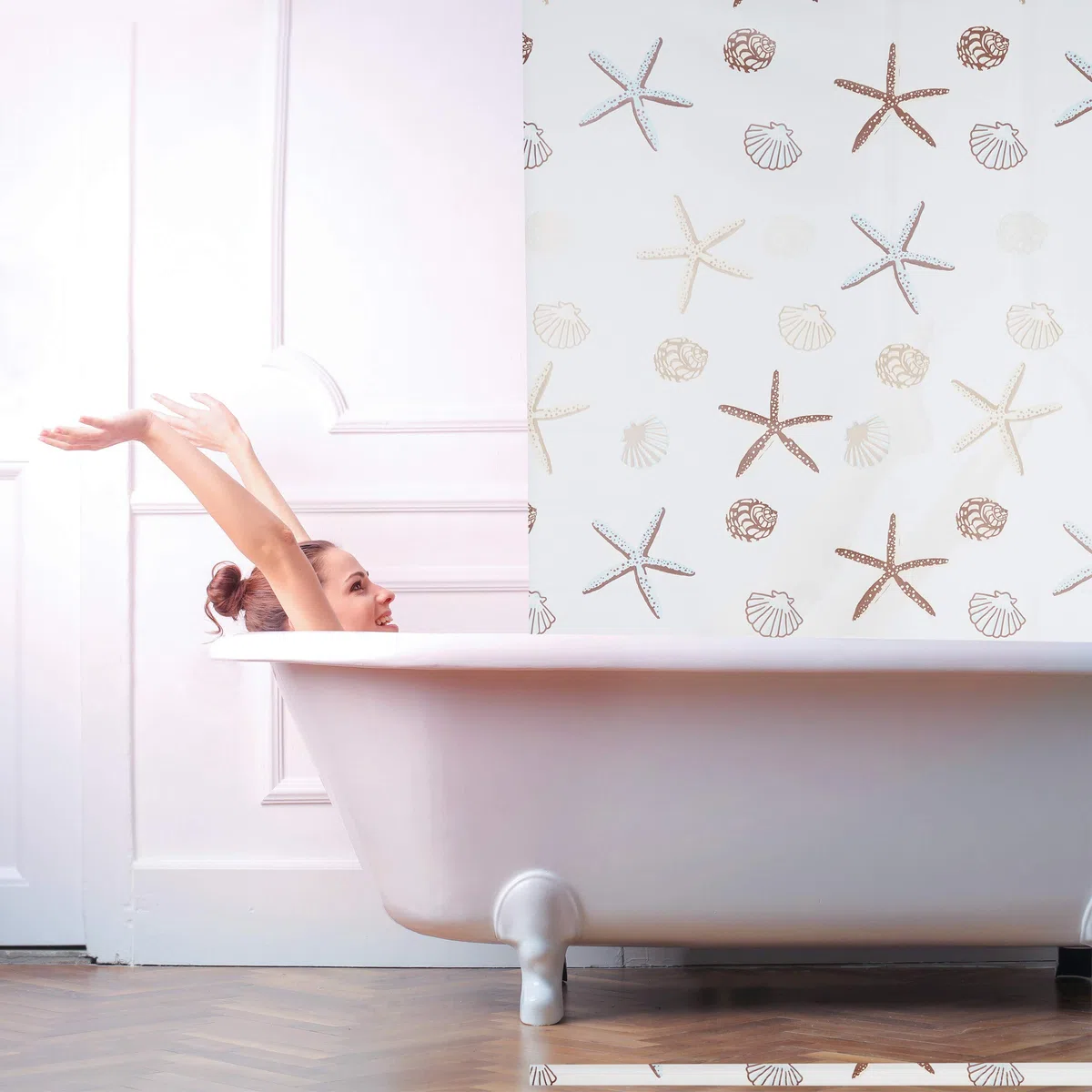 Relaxdays Tenda a Rullo Ocean, Impermeabile, Vasca, Doccia, Conchiglie, Montaggio a Soffitto, 100x240 cm, Semitrasparente
