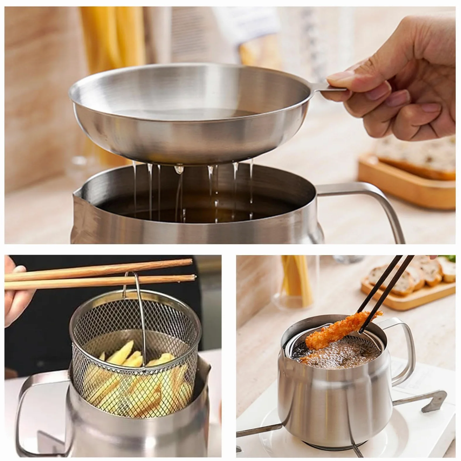 Pentola filtro olio in acciaio inox 304, con cestello e filtro schermo, friggitrice grande capacità da 2 l, per conservare grasso da frittura e cucinare