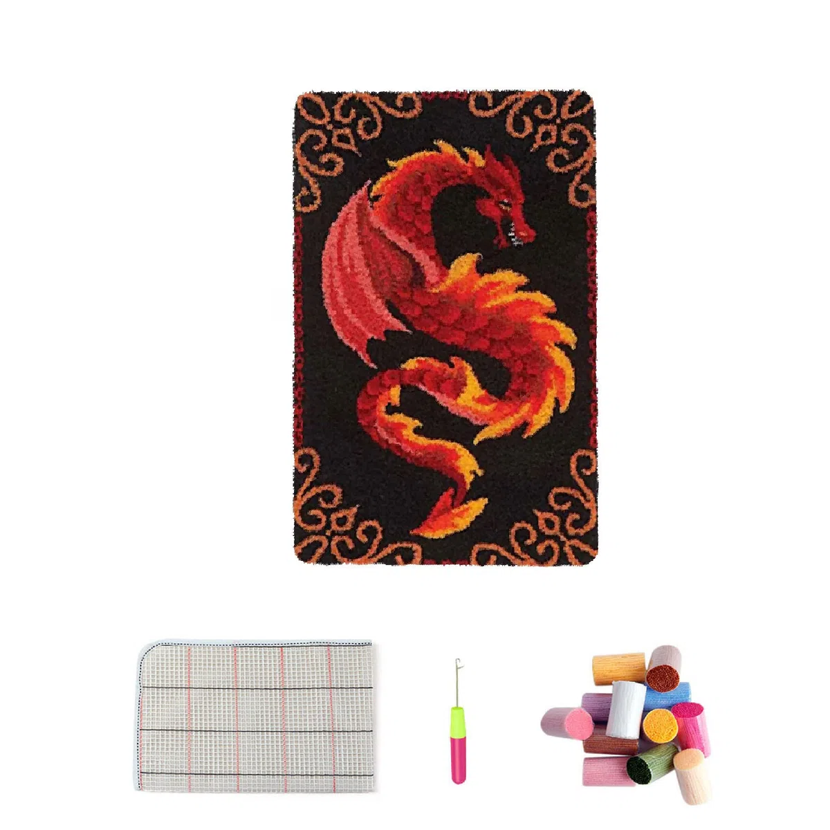 VIONNPPT Set di tappeti a forma di drago, per bambini e adulti, fai da te, realizzati a mano, set di bottoni (rosso, 60 x 40 cm)