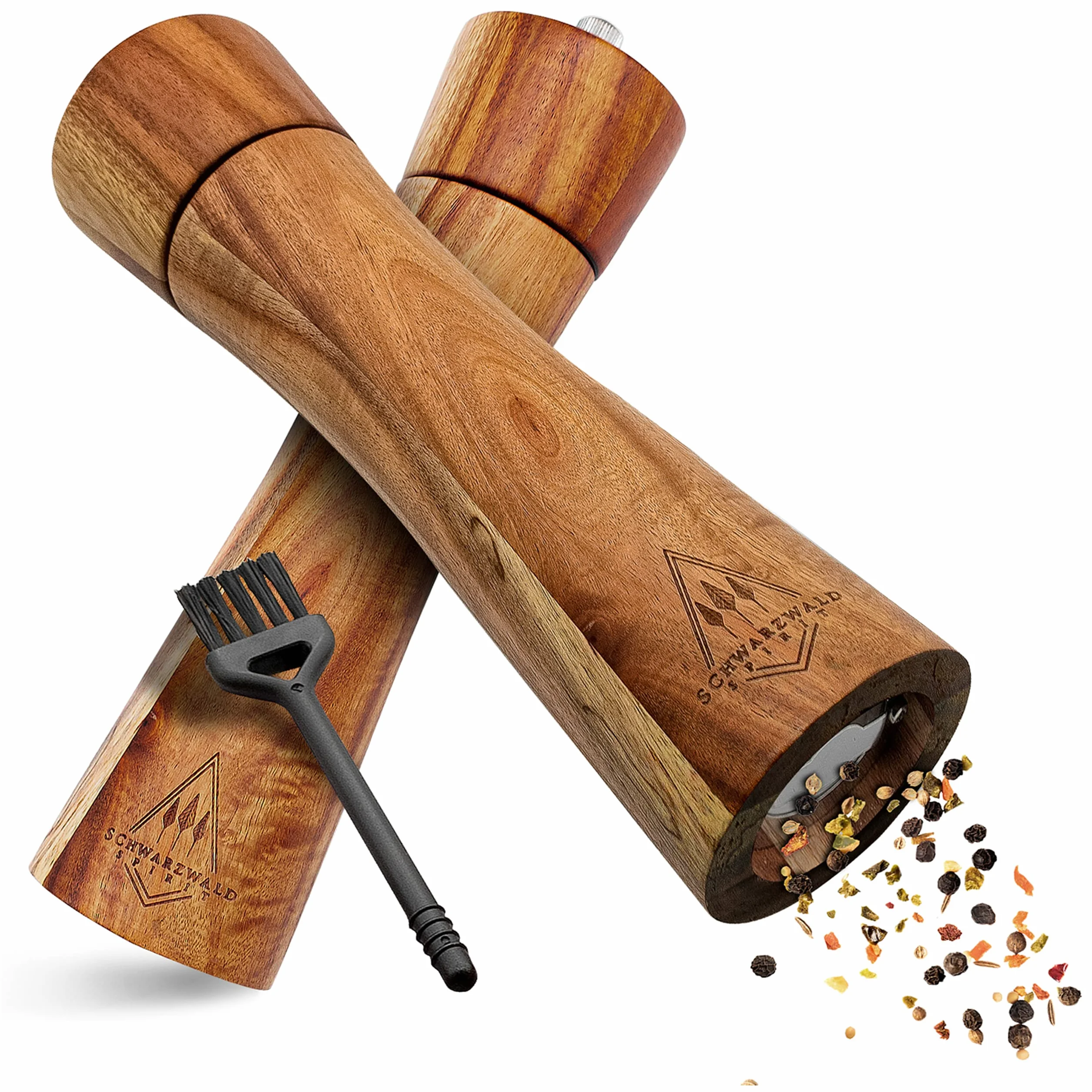 Macinasale e macinapepe in legno con meccanismo in ceramica + pennello per la pulizia gratis - Set saliera e pepiera ricaricabili, Legno, marrone