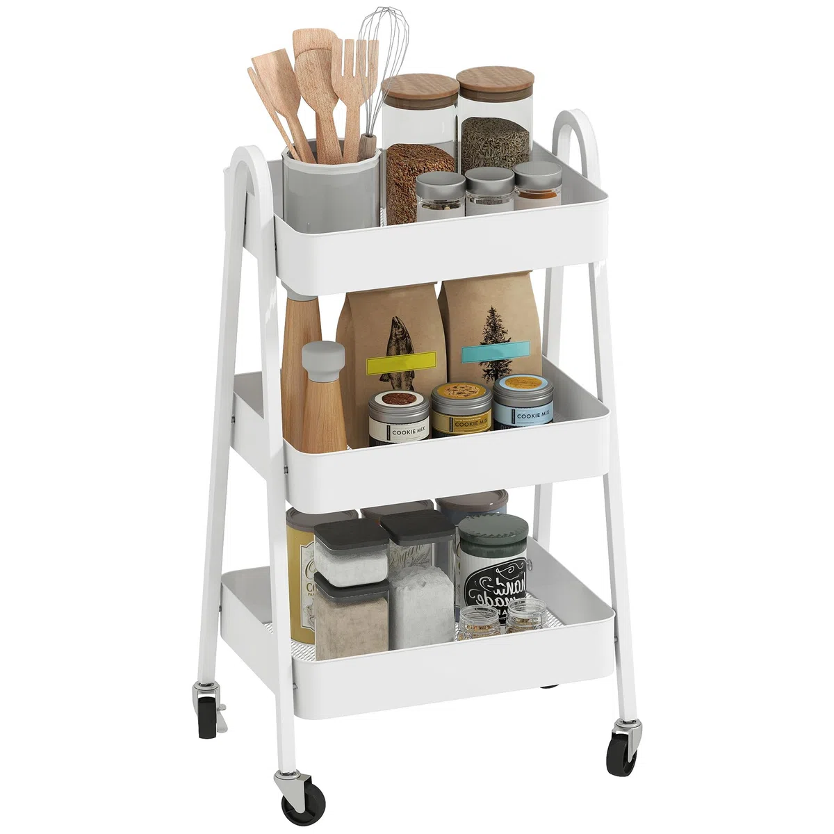 HOMCOM Carrello da Cucina a 3 Livelli con Ruote Girevoli e Maniglie, Carrello Portaoggetti Multiuso con Freni per Salotto, Soggiorno e Bagno, 42.4x29.8x74.5 cm, Bianco