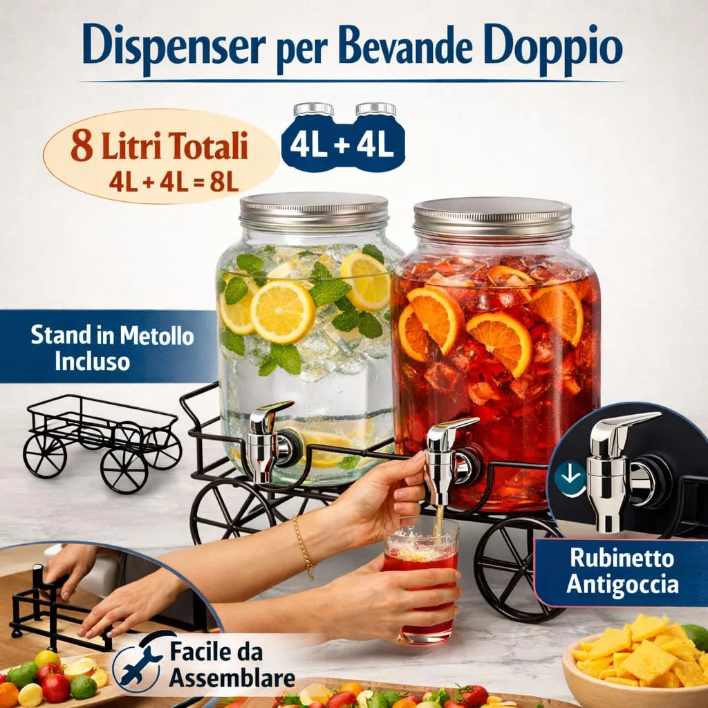 Set 2 Dispenser in Vetro per Bevande 4L con Rubinetto e Supporto, Erogatori per Succhi, Cocktail, Limonata per Feste, Picnic e Barbecue