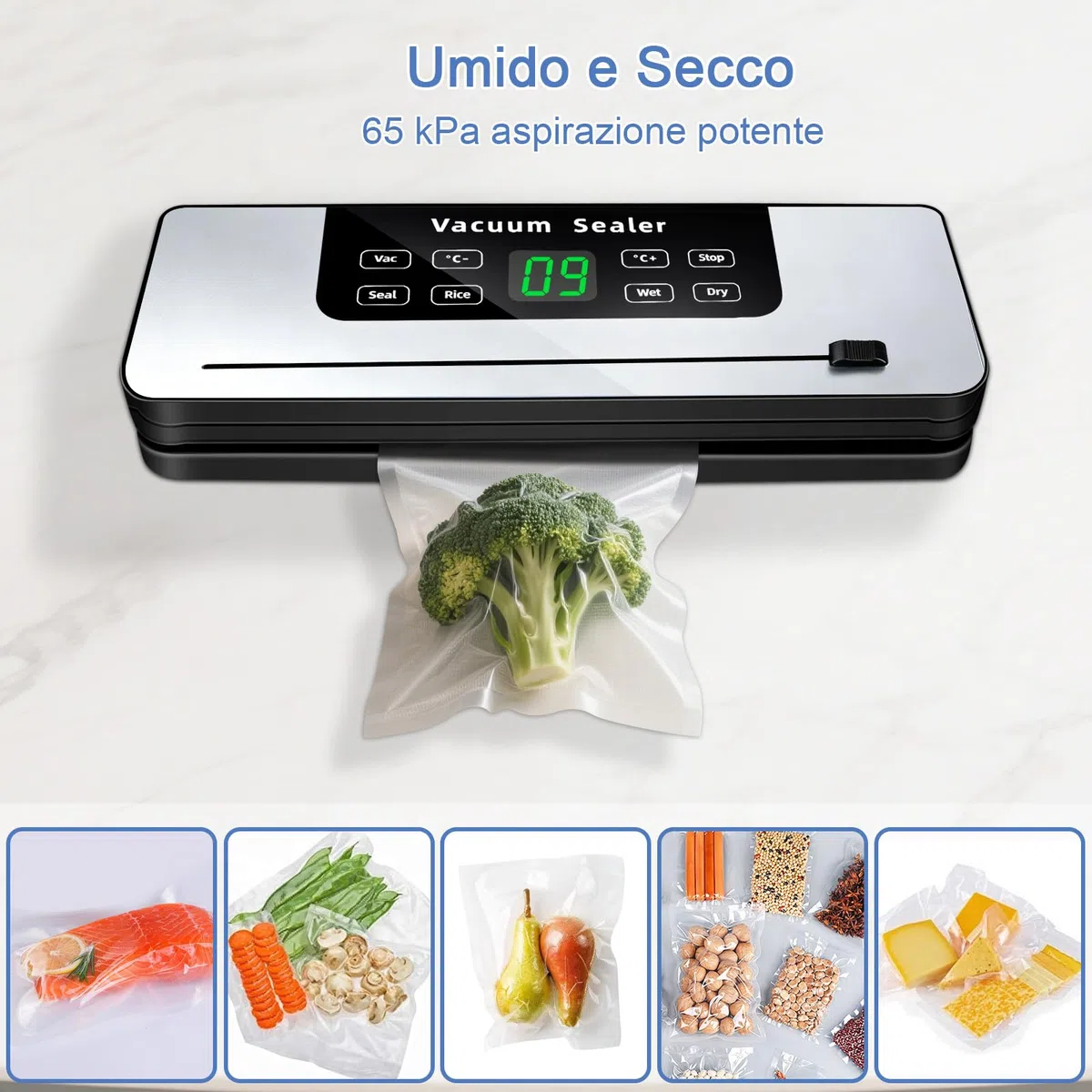 7 in 1 Macchina Sottovuoto Alimenti, Automatica secchi che umidi alimenti Macchina per sottovuoto con Coltello da taglio, Vacuum Sealer con Modalità Vuoto Esterno et 20 Sachetti Sottovuoto