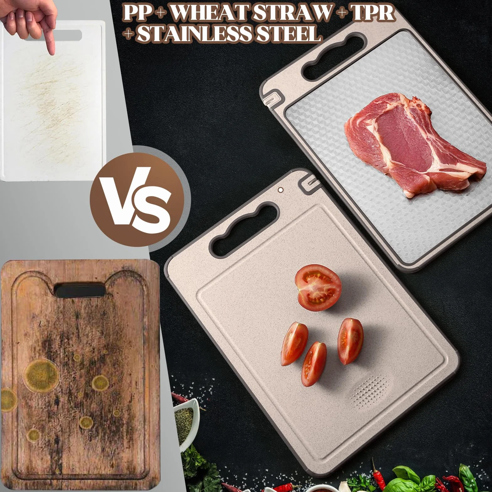Set 2 Taglieri (36,5 x 24,8 cm) in Acciaio Inox 304 e Fibra di Grano – Doppia Faccia, Antibatterico con Affilacoltelli Integrato – Ideale per Carne, Pesce e Verdure – Confezionati Singolarmente
