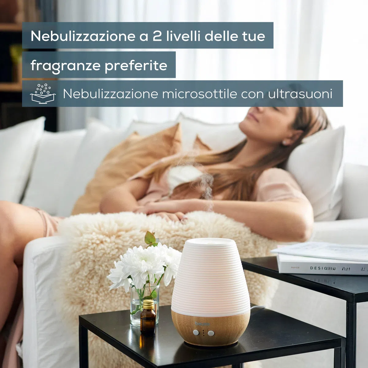 Beurer LA 40 Diffusore Aromatico Ultrasuoni con LED Colorato 7 Colori, Bambù Porcellana, Timer 1-3-7h, 180ml, Silenzioso 12W, Aromi Idrosolubili, Ambienti fino 20m², con Spegnimento Automatico