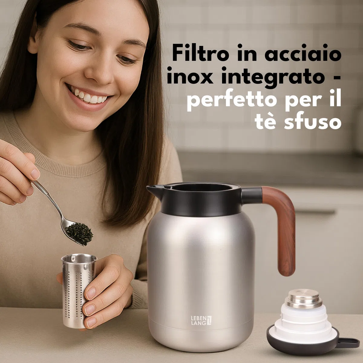 LEBENLANG Thermos caffe 1,5 litri Grigio - Rivestimento ceramico & senza BPA I 24 ore al caldo & Incl. filtro da tè I Termos caffè Caraffa termica Termus per te caldo grande Teiera