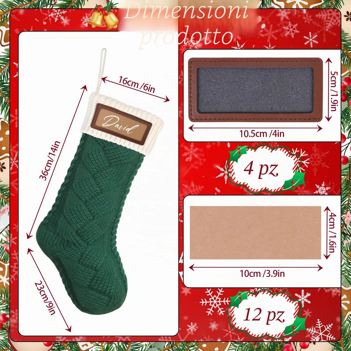 Dremisland 4 Pezzi Calza Befana Personalizzata Calze Natalizie da Appendere con Nome 46cm Calzini Grandi in Maglia Appendibili Calza Befana Natale per Camino Albero Natale Decorazioni Feste di Natale