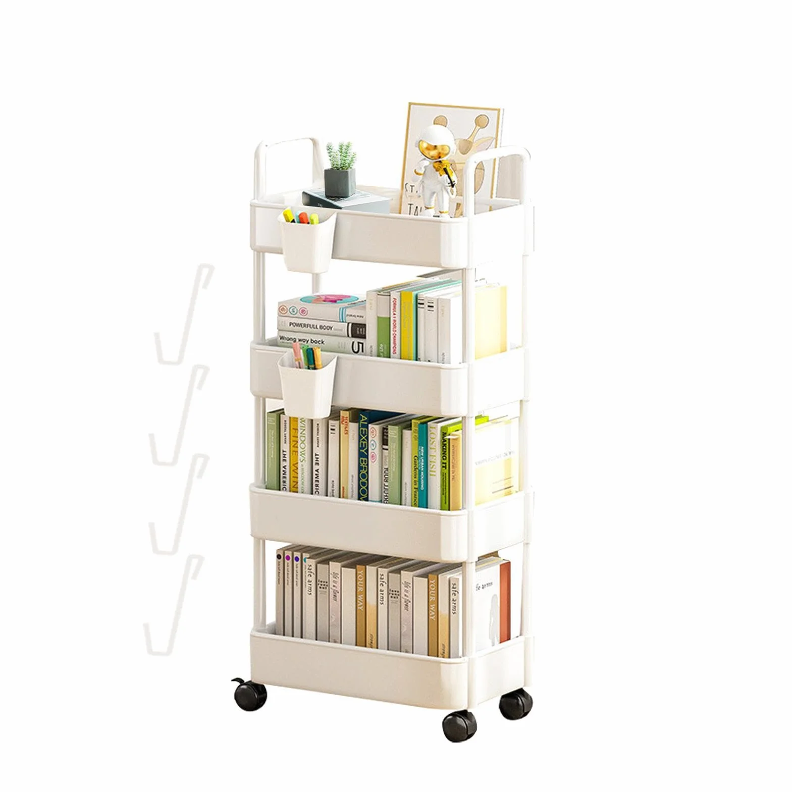 Scaffale per Libri con Ruote, Organizer per Carrello a 3/4 Livelli, per Biblioteca, casa, Lavanderia