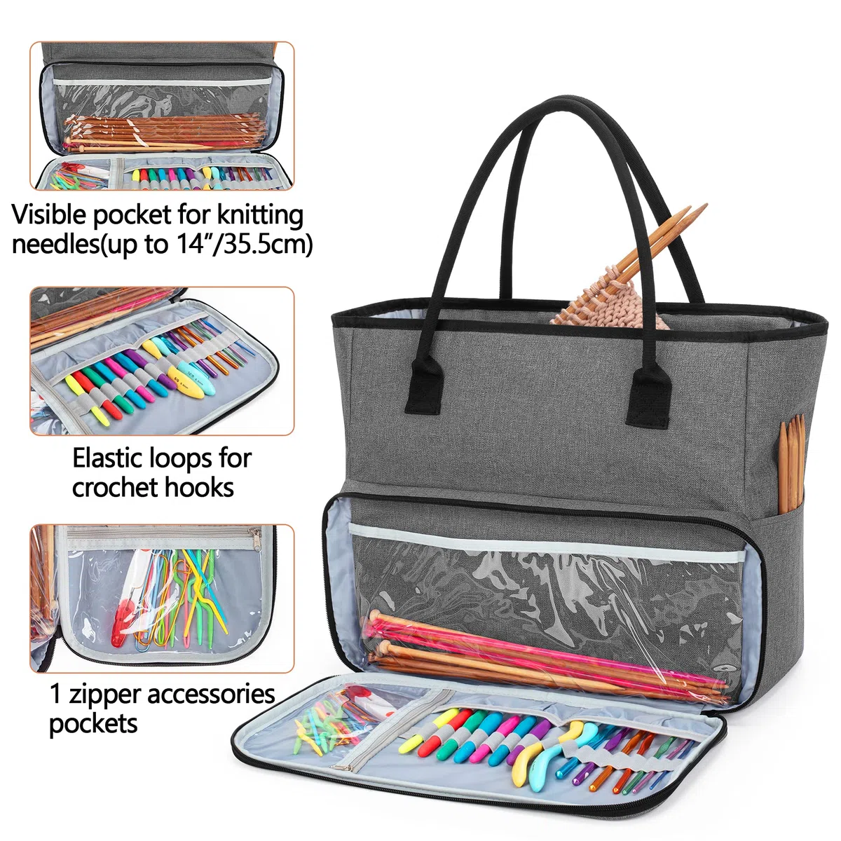 Yarwo Borsa per Lavoro a Maglia e Tote per Lana Gomitolo, Ferri da Maglia o Altri Accessori, Grigio con Motivo a Freccia (Solo Borsa)