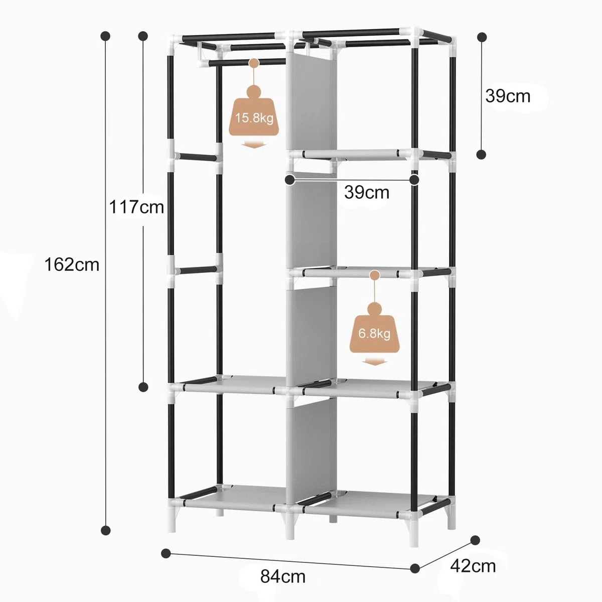 Vicye Armadio in Tessuto, Armadio da Campeggio da 1 Barra Appendiabiti, 6 Ripiani e 4 Tasche Laterali, Guardaroba Armadio Pieghevole per Camera da Letto, 84 x 42 x 162 cm Nero