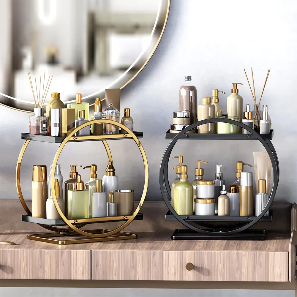 NUODWELL Organizzatore per trucco per tavolo da trucco, a 2 livelli, organizer per ripiano da bagno, cura della pelle, scaffale porta cosmetici, metallo, organizer per profumi per camera da letto