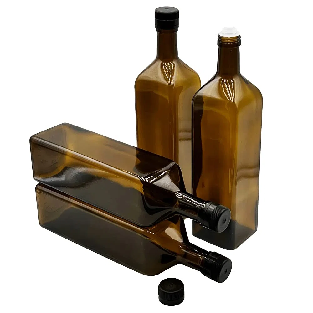 4 bottiglie di olio da 1000 ml in vetro, con beccuccio integrato in plastica ed etichette