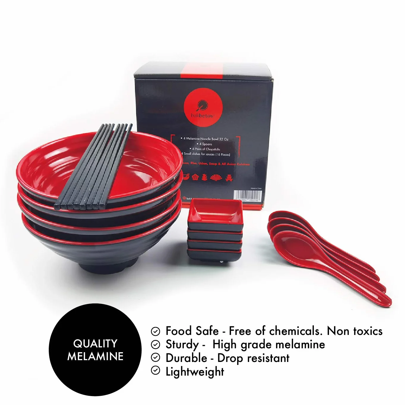 BALIBETOV Ciotole Giapponesi per Ramen Set - Include 4 Ciotola Ramen in Melamina, Bacchette, Cucchiai e Piccolo Piatti Giapponesi per Salsa - Ideale Per Zuppe Asiatica o Pho (Rosso, 4)