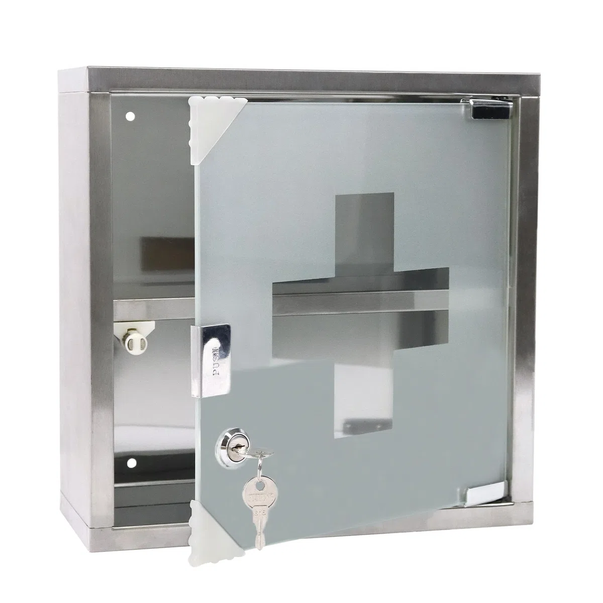 FIVMEN Armadio per medicinali in acciaio inox, con 2 scomparti, per farmacie, da appendere con porta in vetro e 2 chiavi, armadietto per medicinali, 30 x 30 cm