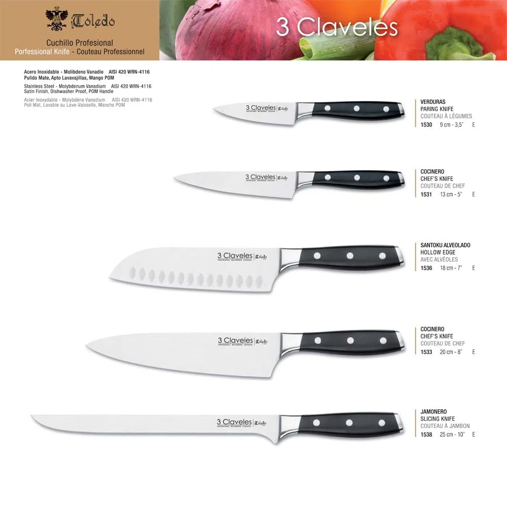 3 Claveles - Coltello Giapponese Santoku da Cucina | Coltelli da Cucina Professionali Multiuso. Coltello Santoku Coltello Carne Pesce Verdure. Affilato e per Cucina Professionale (18cm - 7”)