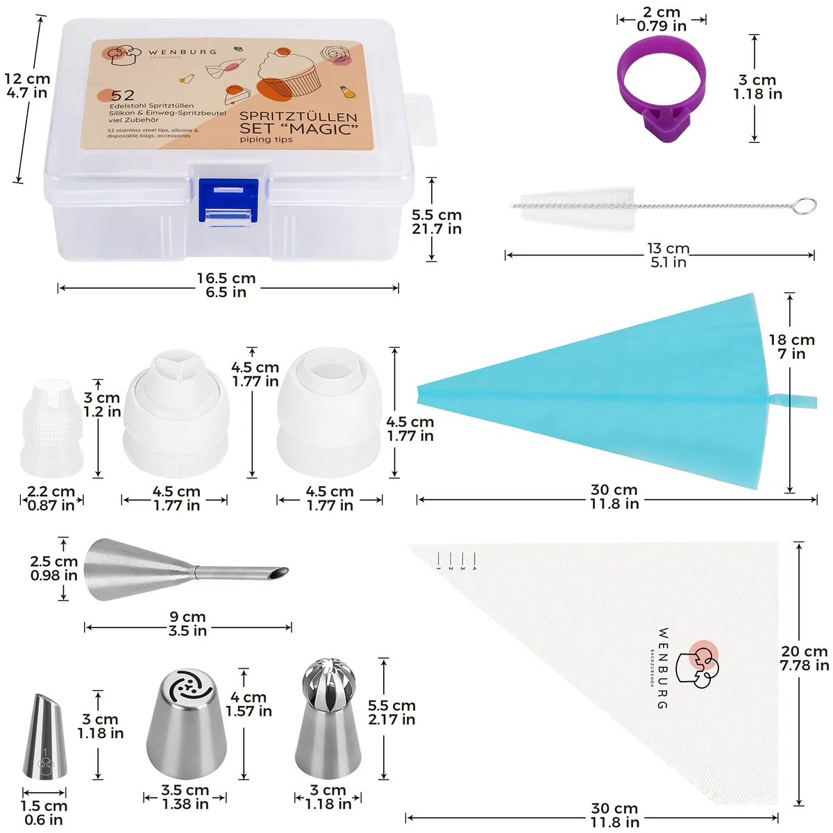 Wenburg Sac à poche con beccucci – 100 pezzi – Set di beccucci per torte in acciaio inox – Set professionale per gli ambiziosi hobbisti – Versatile